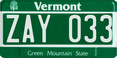 VT license plate ZAY033