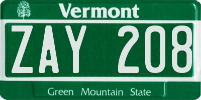 VT license plate ZAY208