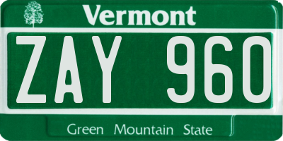 VT license plate ZAY960