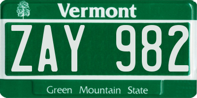 VT license plate ZAY982
