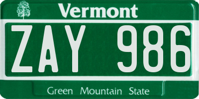 VT license plate ZAY986
