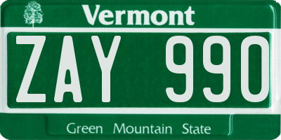 VT license plate ZAY990