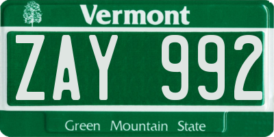 VT license plate ZAY992
