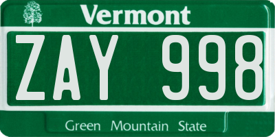 VT license plate ZAY998