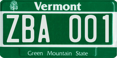 VT license plate ZBA001