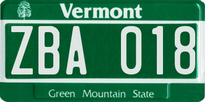 VT license plate ZBA018
