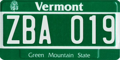 VT license plate ZBA019
