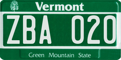VT license plate ZBA020