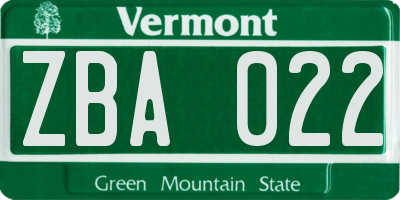 VT license plate ZBA022