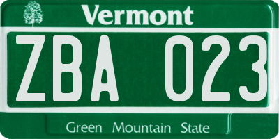 VT license plate ZBA023