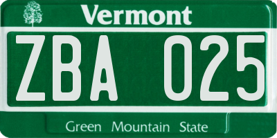 VT license plate ZBA025