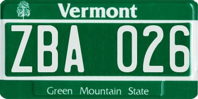 VT license plate ZBA026
