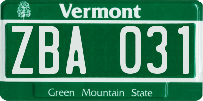 VT license plate ZBA031