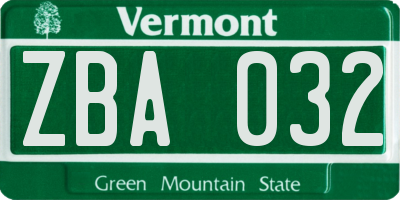 VT license plate ZBA032