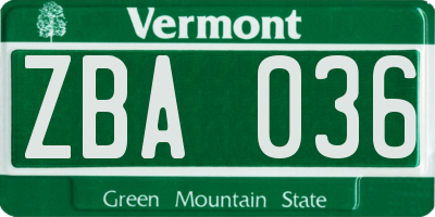 VT license plate ZBA036