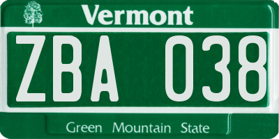 VT license plate ZBA038