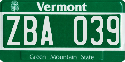 VT license plate ZBA039