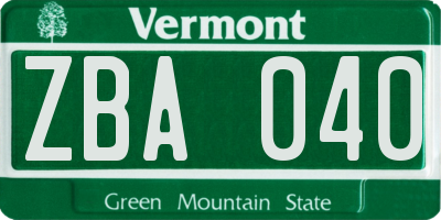 VT license plate ZBA040