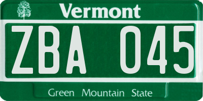 VT license plate ZBA045