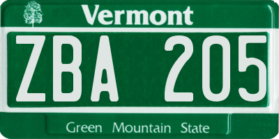 VT license plate ZBA205