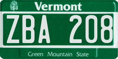VT license plate ZBA208