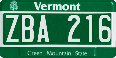 VT license plate ZBA216