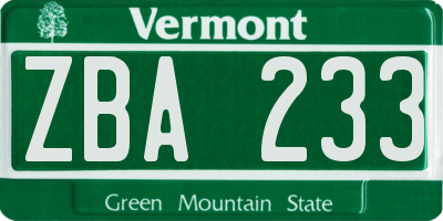 VT license plate ZBA233