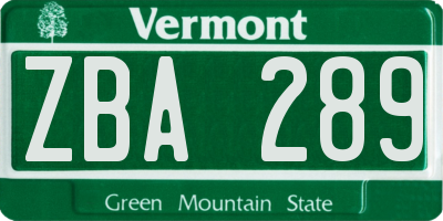 VT license plate ZBA289