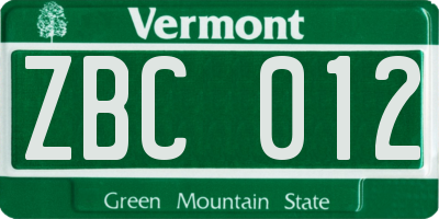 VT license plate ZBC012