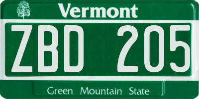 VT license plate ZBD205