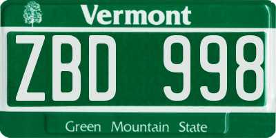 VT license plate ZBD998