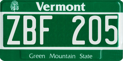 VT license plate ZBF205