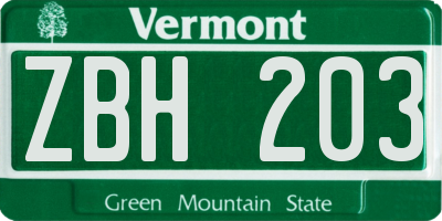 VT license plate ZBH203