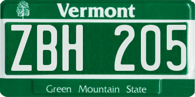 VT license plate ZBH205