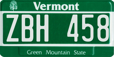 VT license plate ZBH458