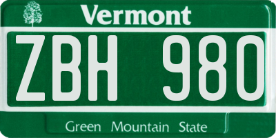 VT license plate ZBH980