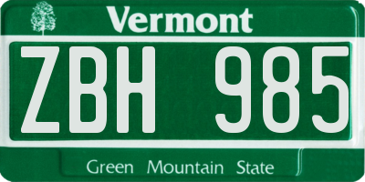 VT license plate ZBH985