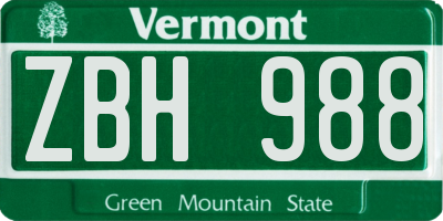 VT license plate ZBH988