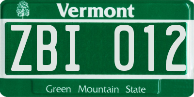 VT license plate ZBI012