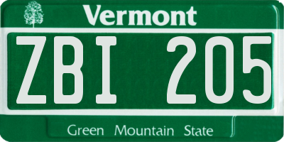 VT license plate ZBI205