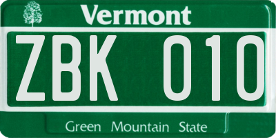 VT license plate ZBK010