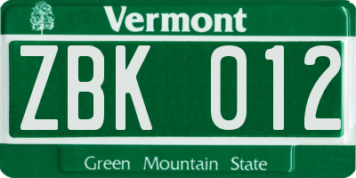 VT license plate ZBK012