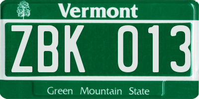 VT license plate ZBK013