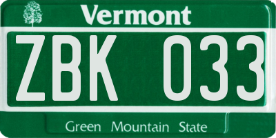 VT license plate ZBK033