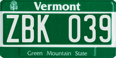 VT license plate ZBK039