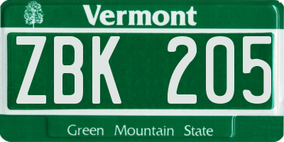 VT license plate ZBK205