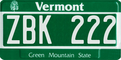 VT license plate ZBK222