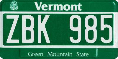 VT license plate ZBK985