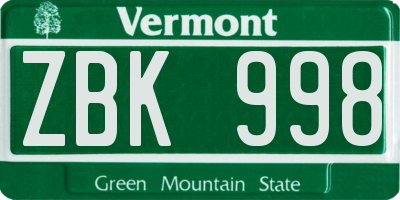 VT license plate ZBK998