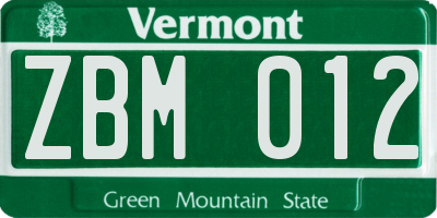 VT license plate ZBM012